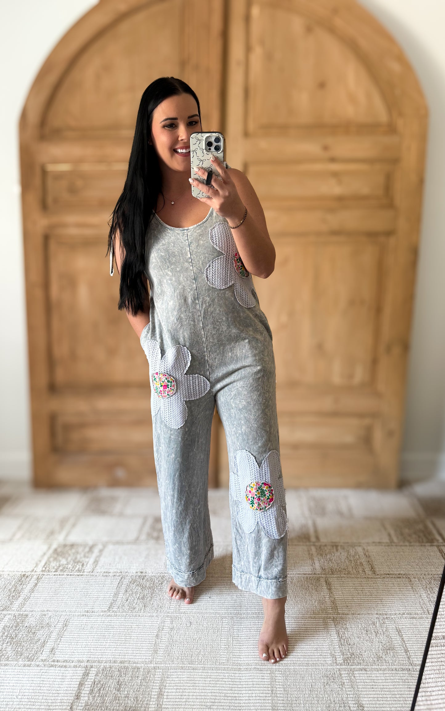 J.HER MINERAL WASHED FLOWER PATCHED BOW JUMPSUIT SILVER GREY