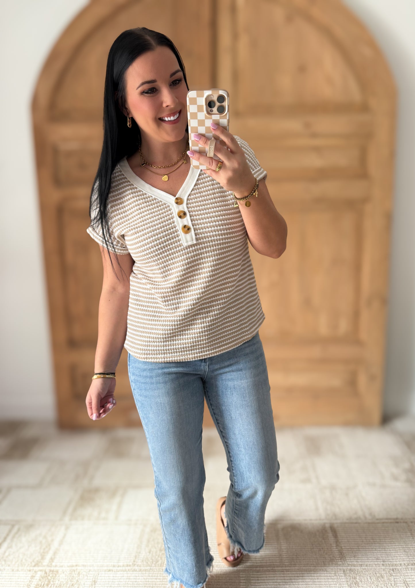 Stripe Buttoned Front V Neck T Shirt
