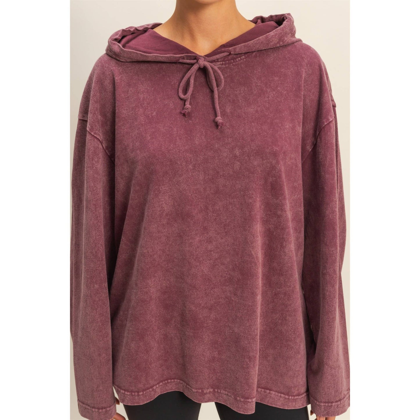 OVERSIZED HOODED VINTAGE WASHED LONG SLEEVE TOP- CABERNET