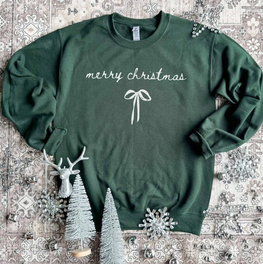 PRE ORDER- Merry Christmas Dainty Bow Green Crewneck Sweatshirt