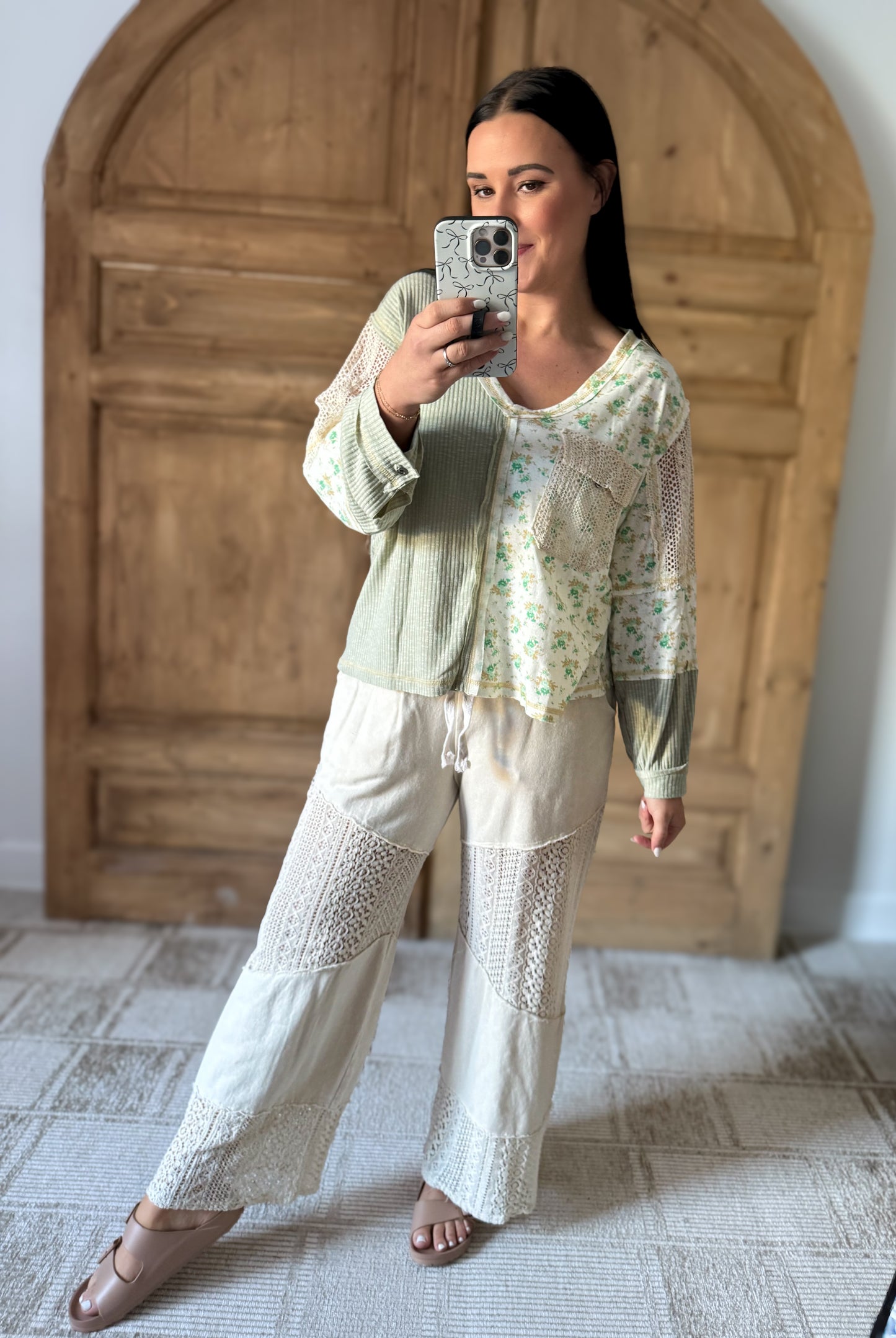 POL Floral Crochet Patch V-Neck Top