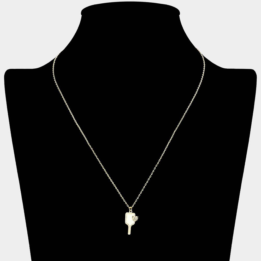 METAL HEART POINTED PICKLEBALL PADDLE PENDANT NECKLACE (SILVER & GOLD)
