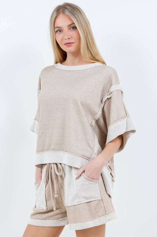 J.HER OVERSIZE REVERSE CONTRAST BANDED TOP Mocha