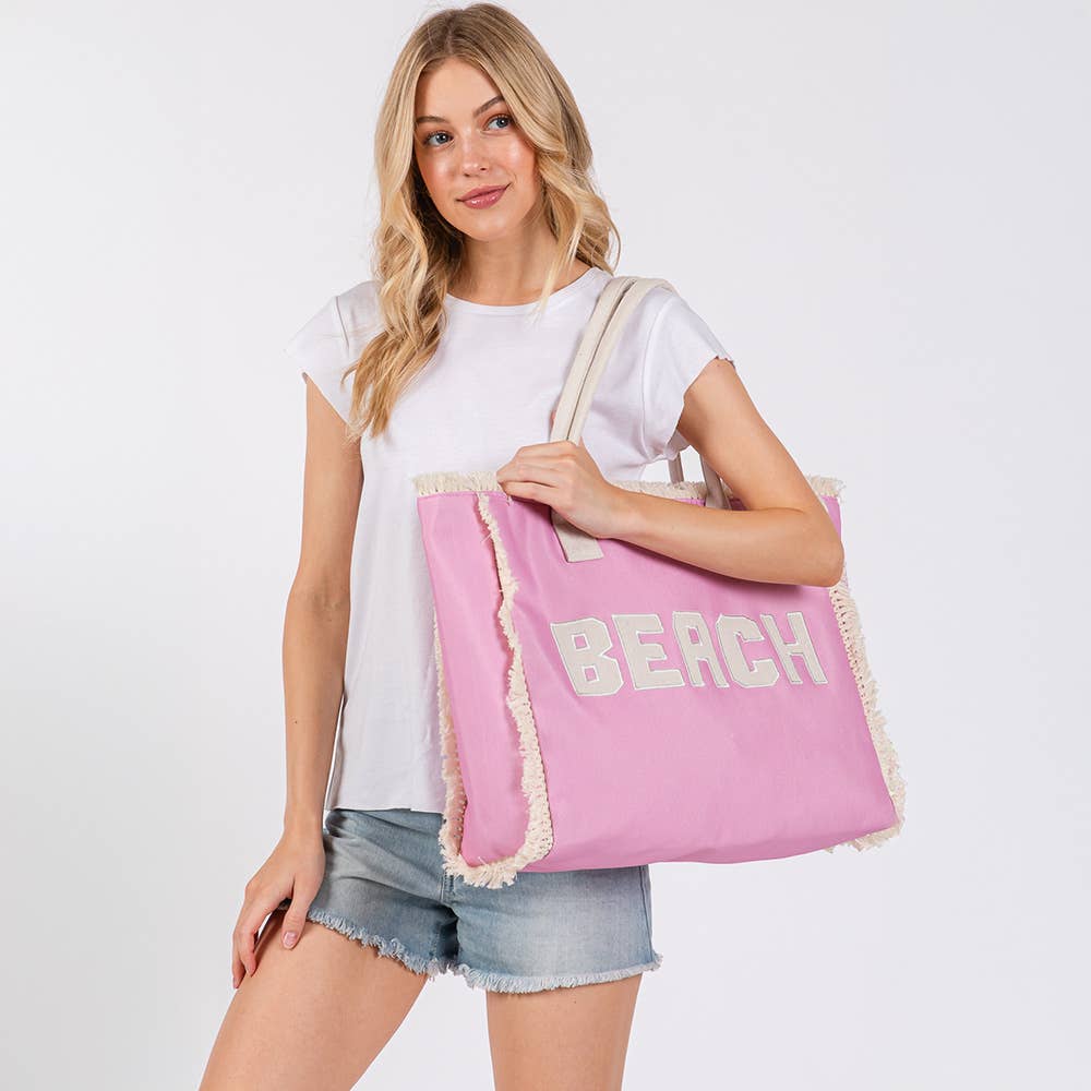 BEACH Message Embroidered Fringe Tote Bag / Beach Bag
: Pink