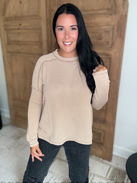 ON THE RUN RIBBED LONG SLEEVE STRETCHY TOP- Light Mocha