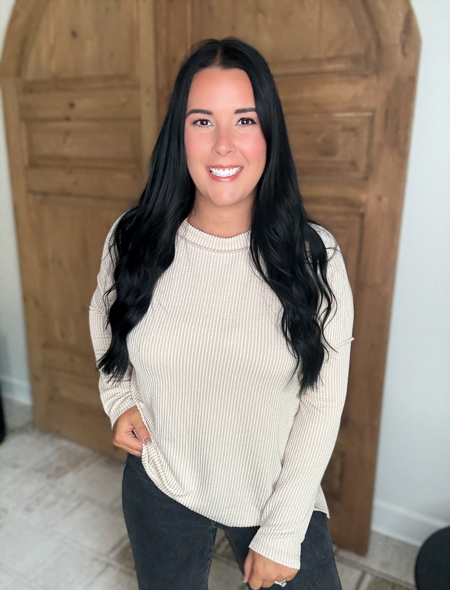 ON THE RUN RIBBED LONG SLEEVE STRETCHY TOP- Sand Beige