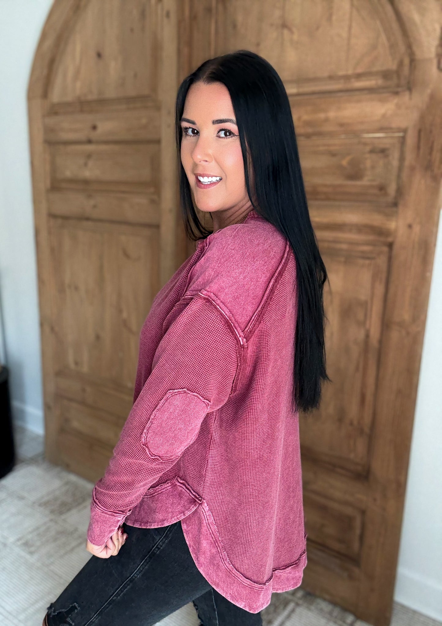 MINERAL WASHED ELBOW PATCHED CONTRAST TOPS- *Multiple Colors