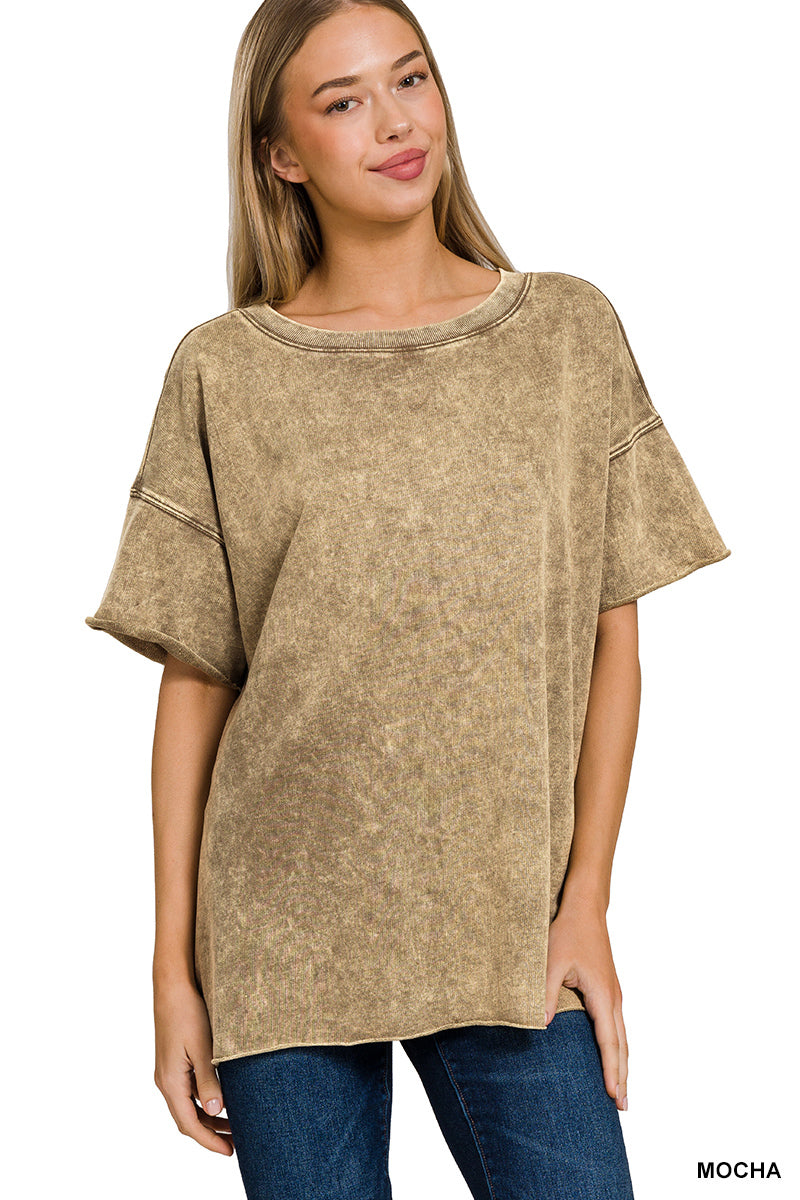 ZENANA FRENCH TERRY DROP SHOULDER RAW EDGE TOP