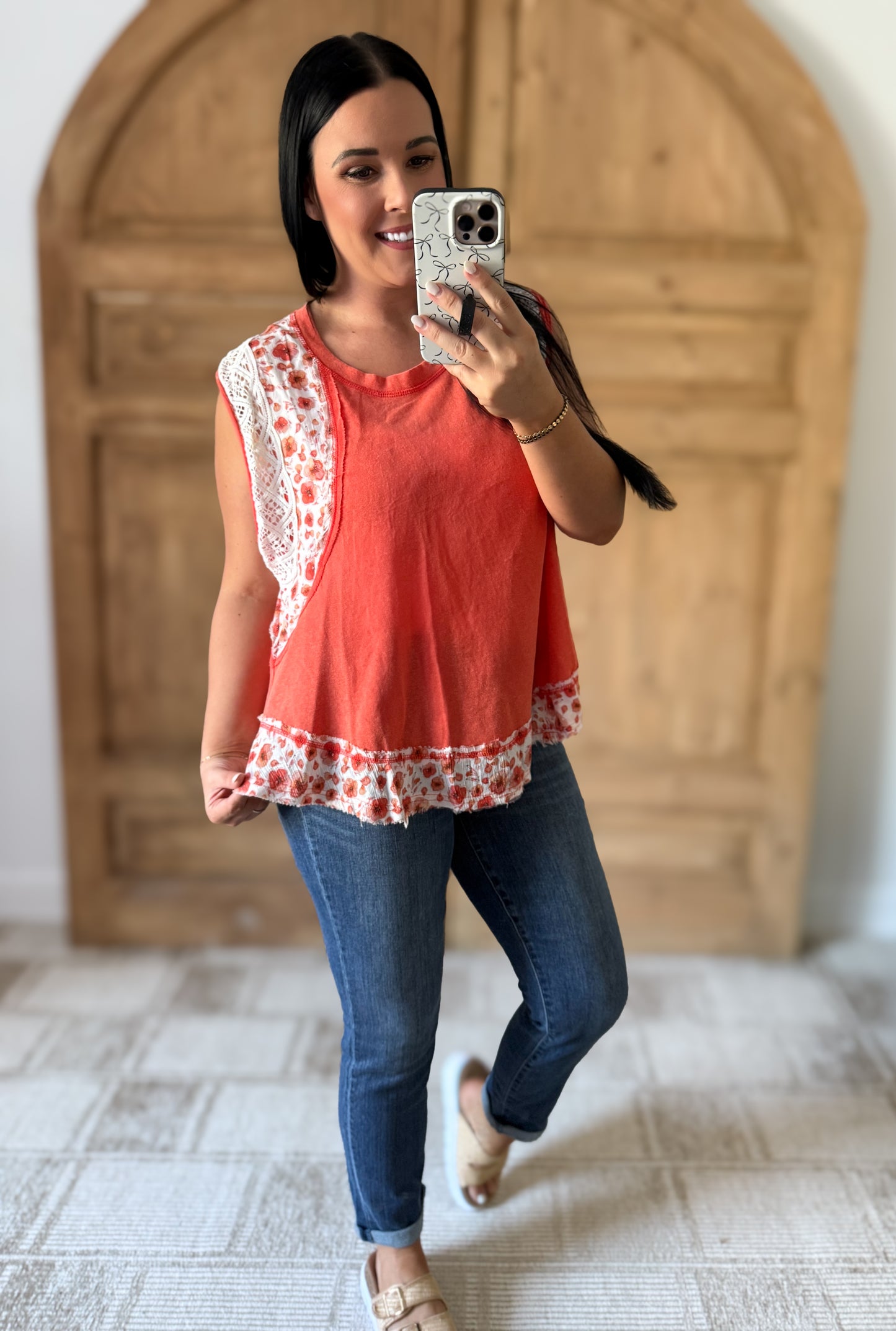 POL Floral Frayed Hem Crochet Cap Sleeve Top