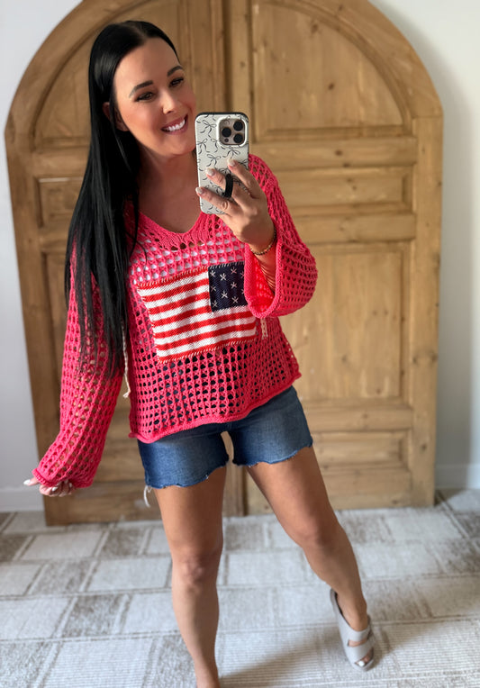 POL US Flag Hollow Out Long Sleeve Knit Cover Up