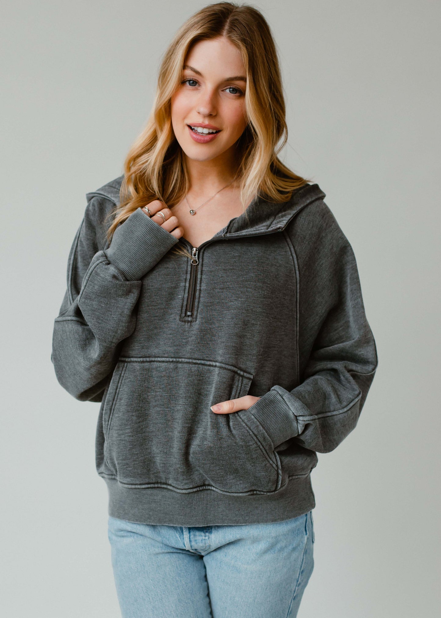CHARCOAL HOODED HALF-ZIP SWEATSHIRT