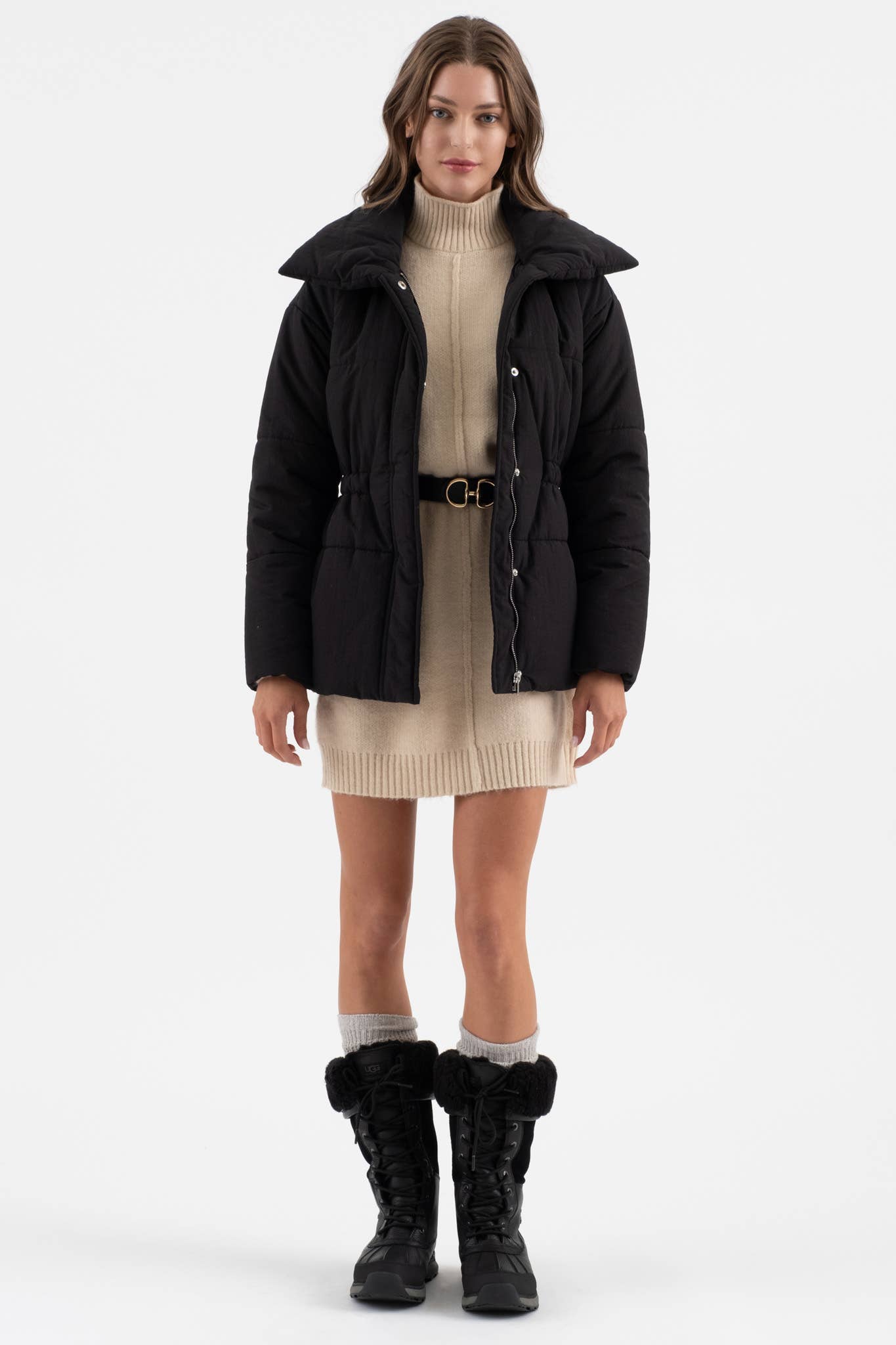 ELASTIC WAIST ZIP UP PUFFER JACKET: BLACK