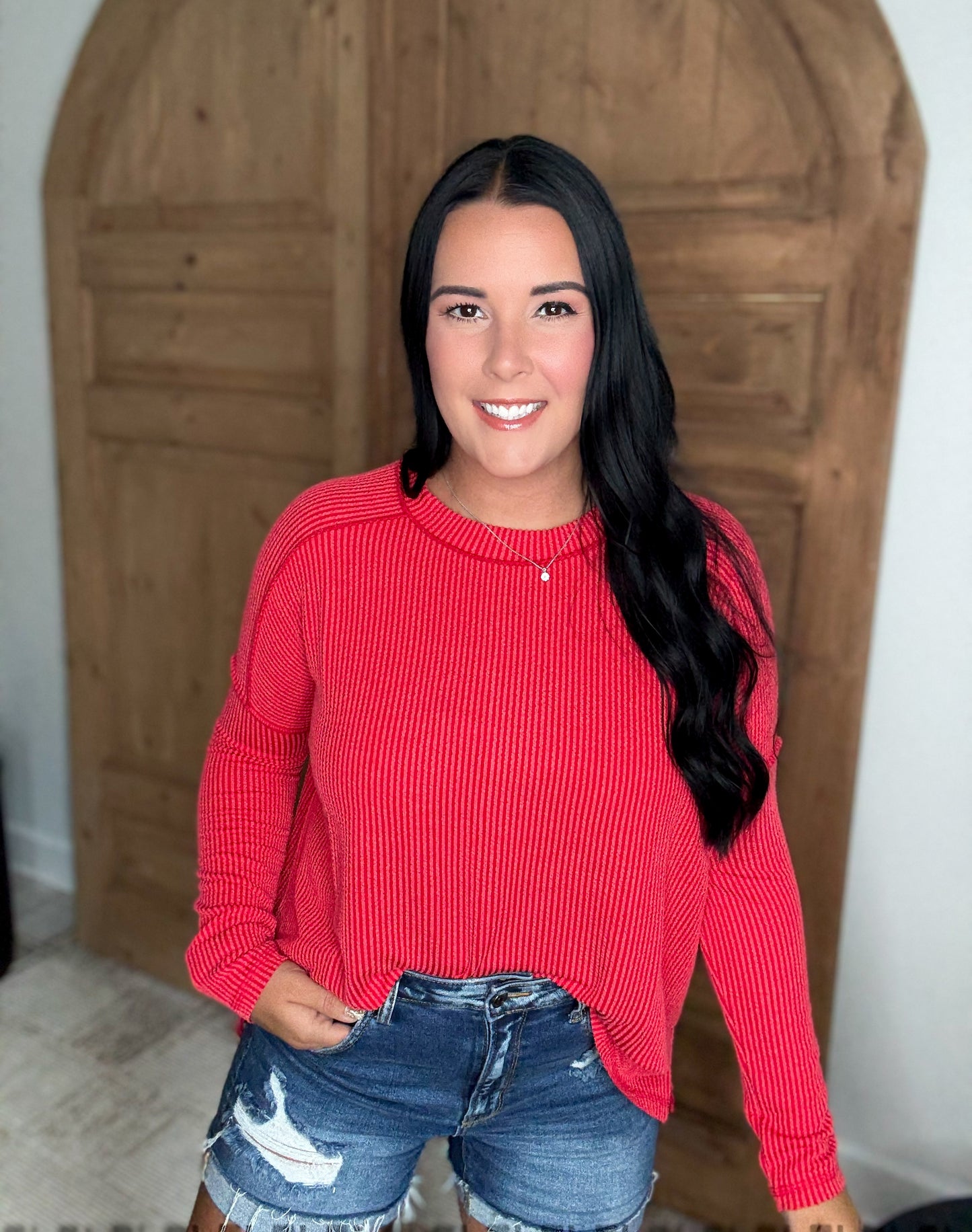ON THE RUN RIBBED LONG SLEEVE STRETCHY TOP- Ruby Red