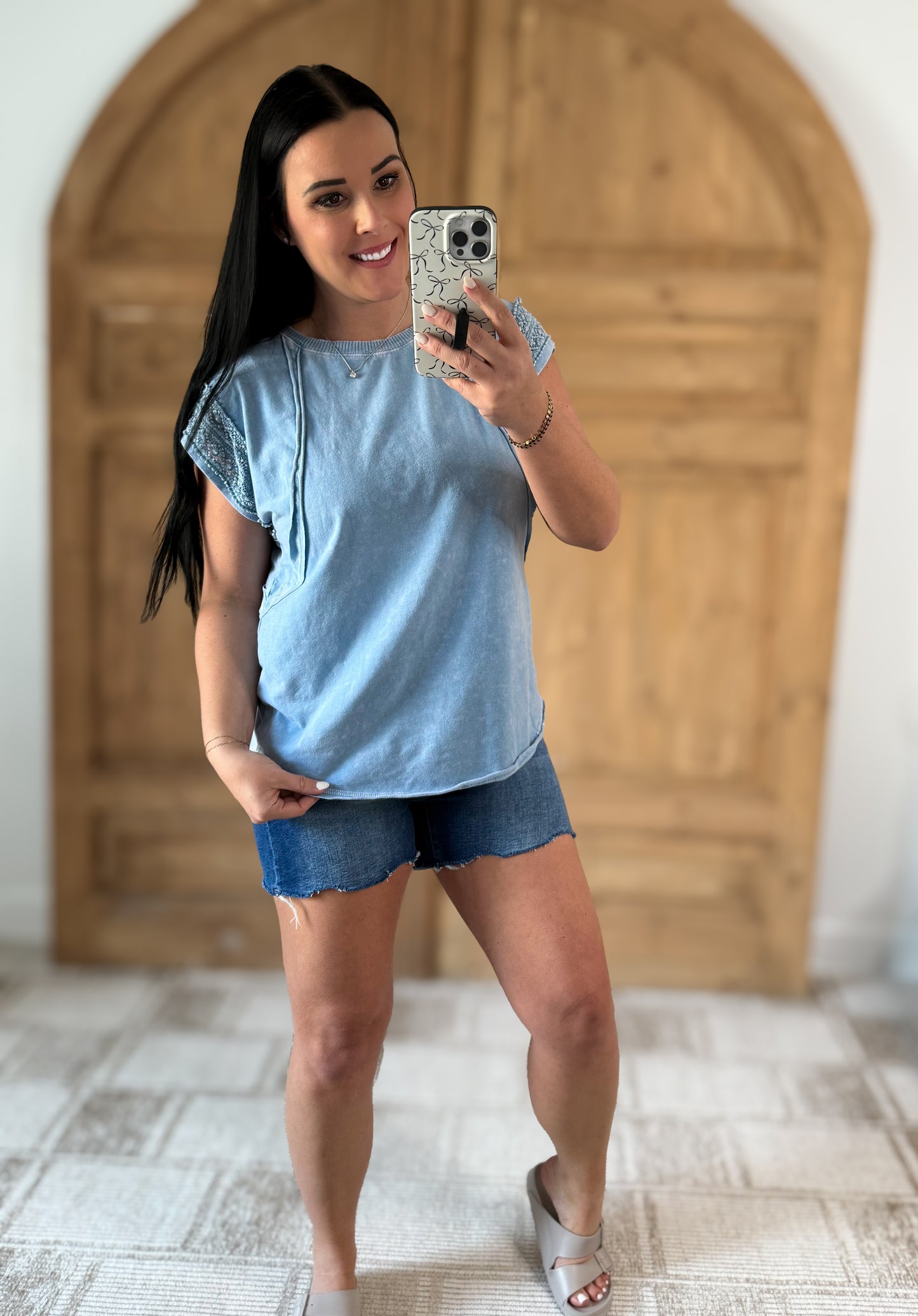 J.HER MINERALWASH TRIM CAP SLEEVE BLOUSE VINTAGE BLUE