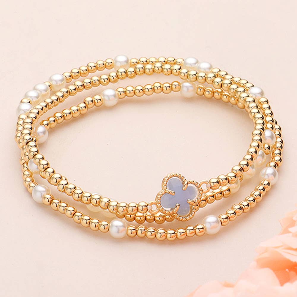 3PCS QUATREFOIL PEARL BEAD STRETCH MULTI LAYERED BRACELETS (MULTIPLE COLORS)