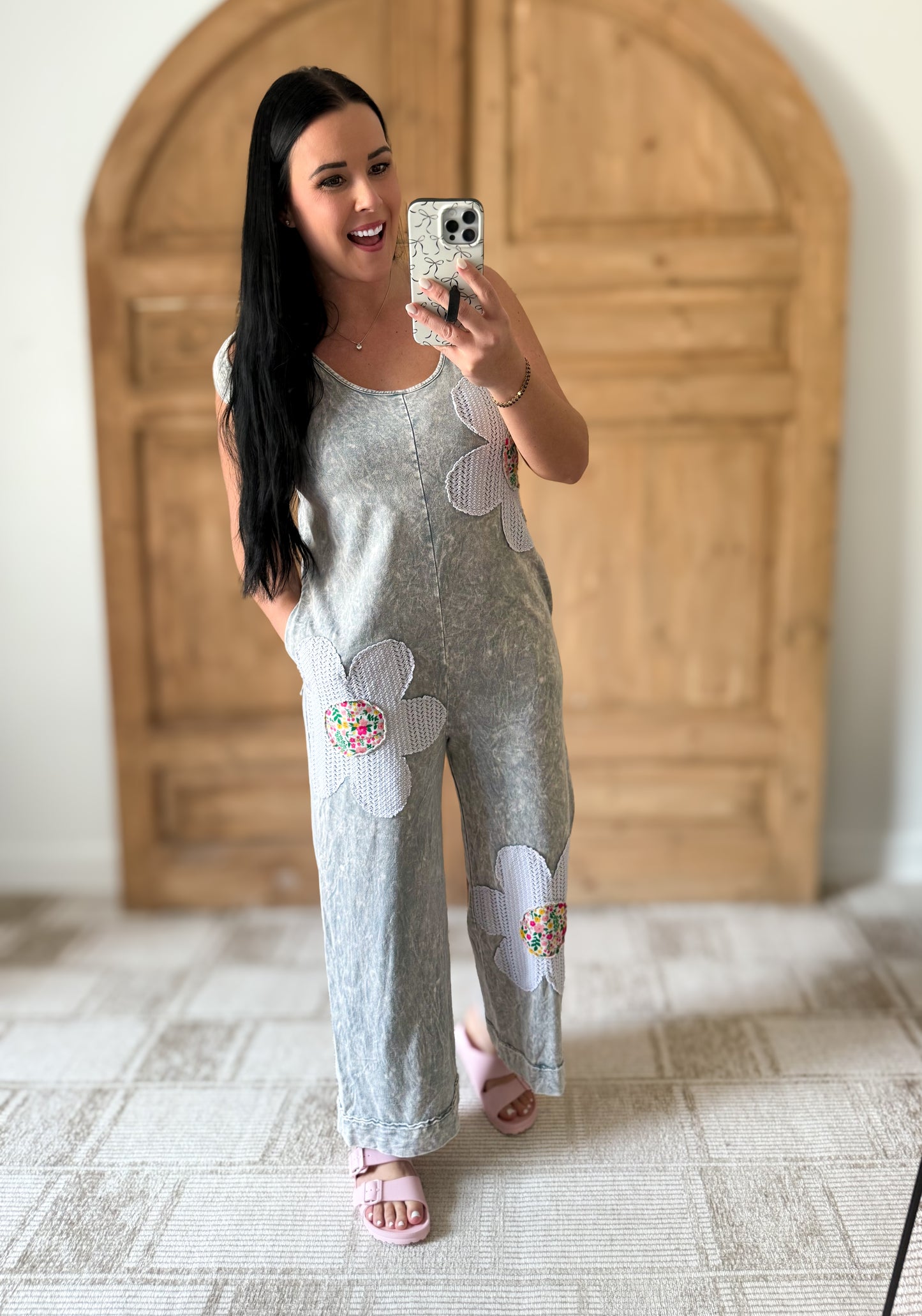 J.HER MINERAL WASHED FLOWER PATCHED BOW JUMPSUIT SILVER GREY