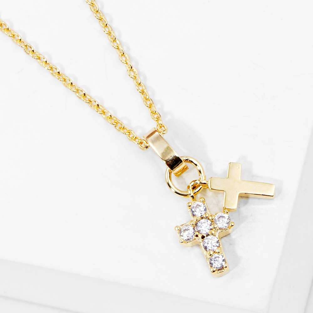GOLD DIPPED CZ STONE PAVED DOUBLE CROSS PENDANT NECKLACE (SILVER & GOLD)