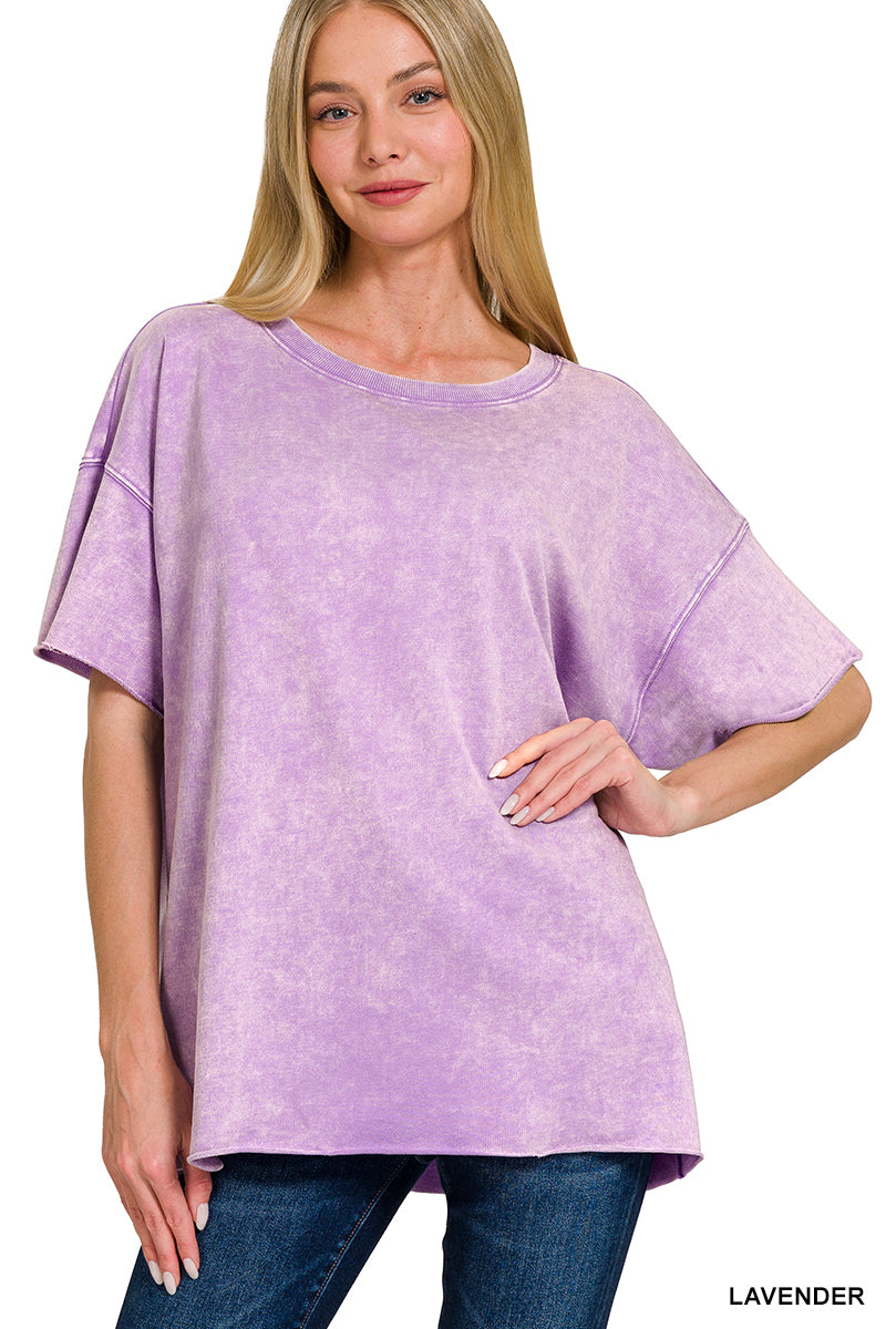 ZENANA FRENCH TERRY DROP SHOULDER RAW EDGE TOP