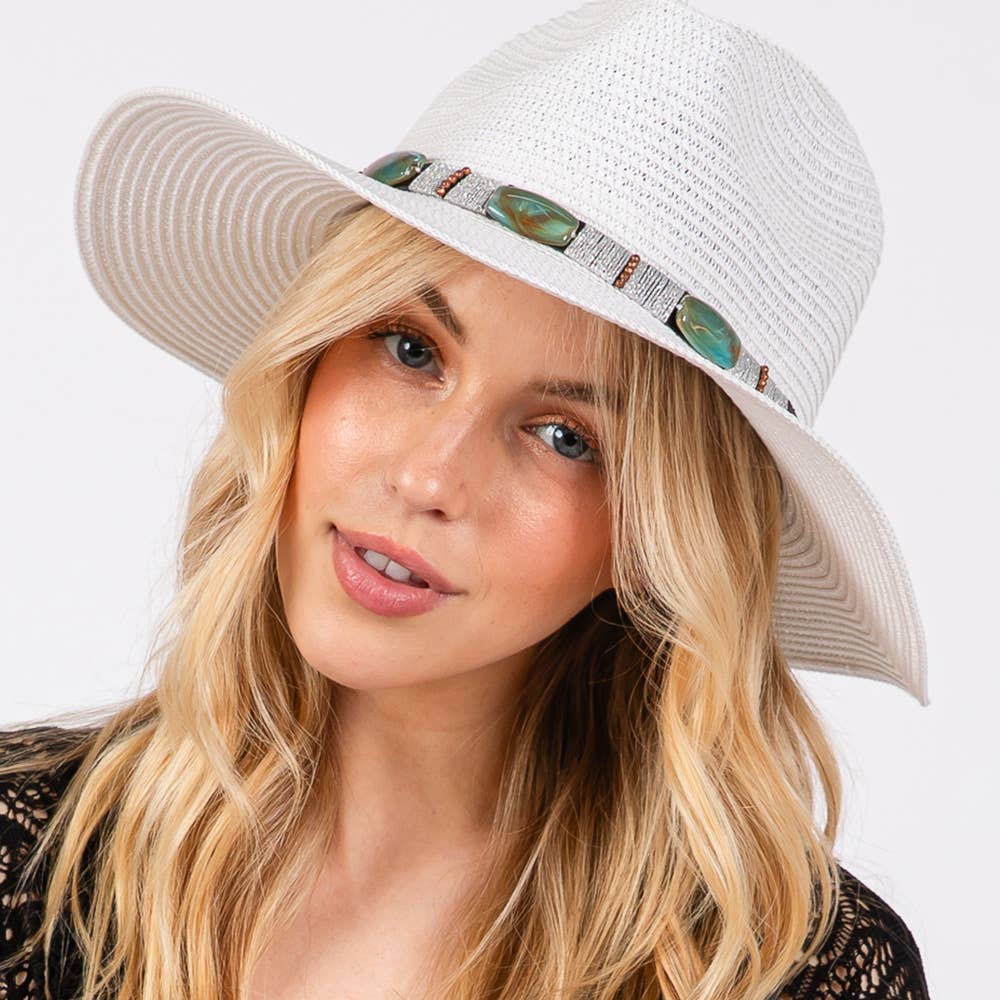 TURQUOISE BEADS BAND STRAW SUN HAT (MULTIPLE COLORS)