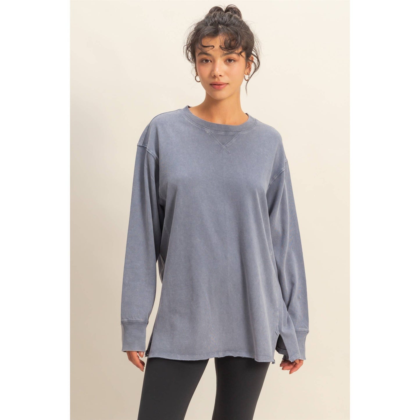 MINERAL WASHED DROP SLEEVE OVERSIZED LONG SLEEVE- Denim Blue