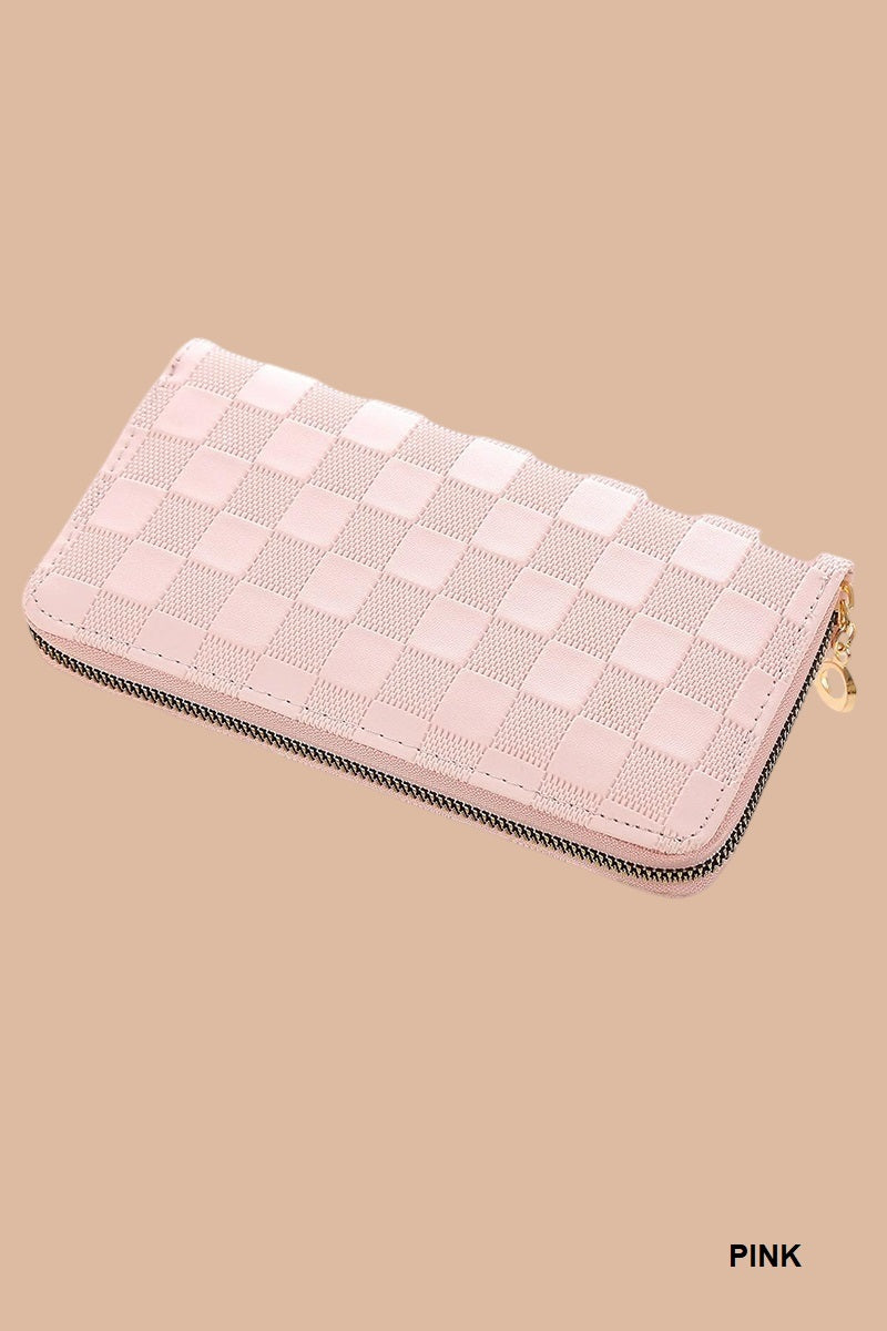 CHECKERED MONOGRAM VEGAN LEATHER LONG WALLET PINK