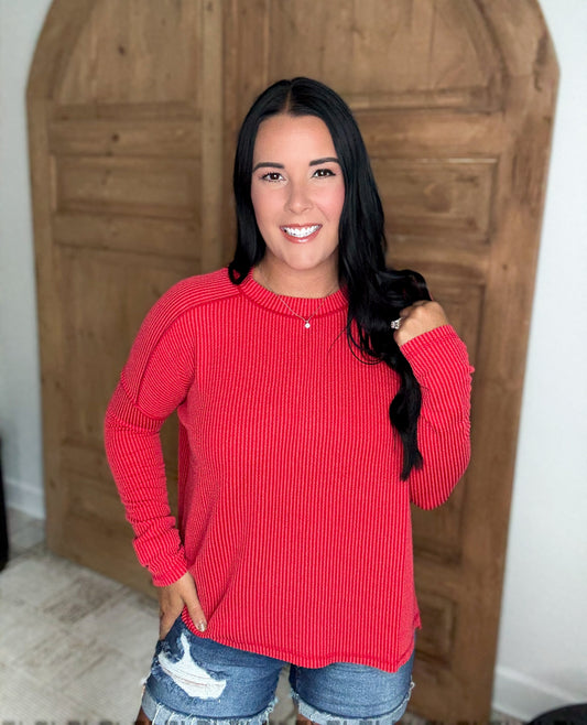 ON THE RUN RIBBED LONG SLEEVE STRETCHY TOP- Ruby Red