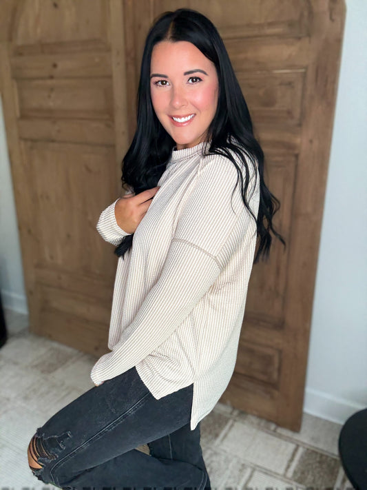 ON THE RUN RIBBED LONG SLEEVE STRETCHY TOP- Sand Beige