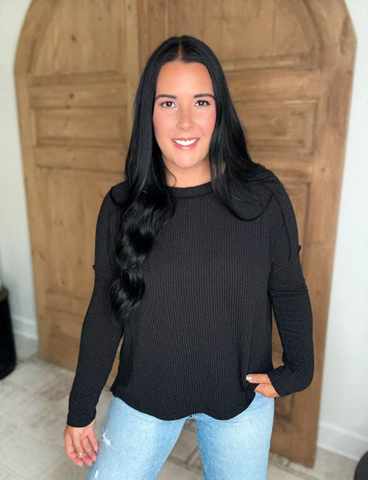 ON THE RUN RIBBED LONG SLEEVE STRETCHY TOP- Black