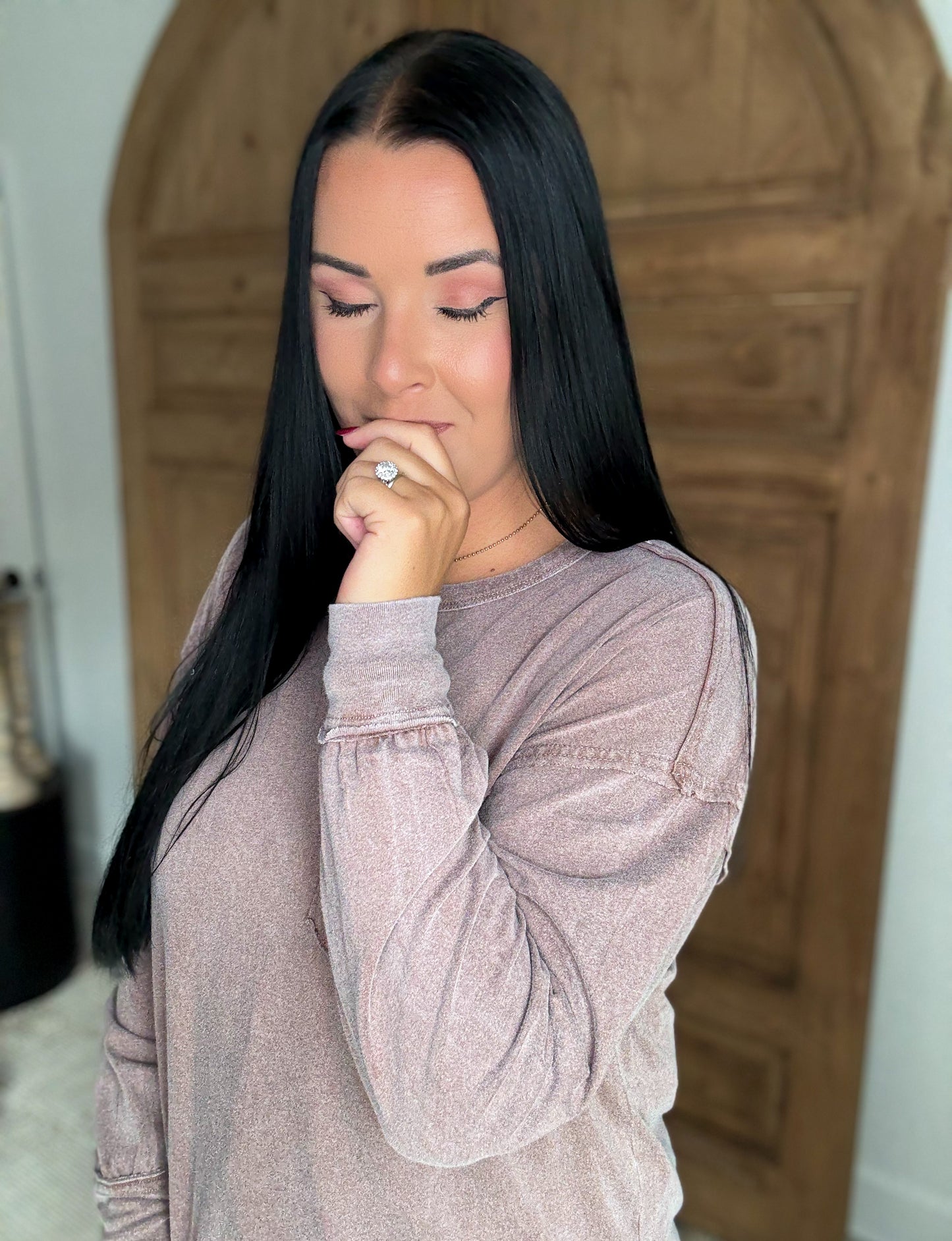 OVERSIZED WASHED POCKET LONG SLEEVE TOP- Chestnut Brown