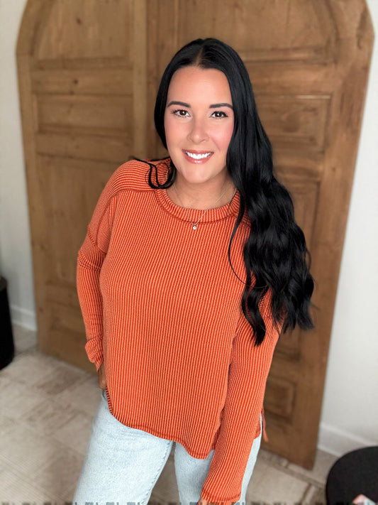 ON THE RUN RIBBED LONG SLEEVE STRETCHY TOP- Burnt Orange