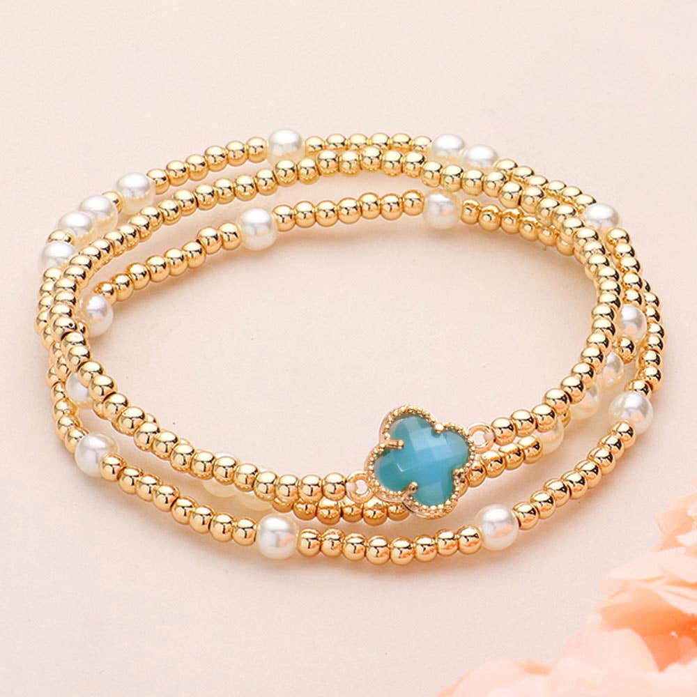 3PCS QUATREFOIL PEARL BEAD STRETCH MULTI LAYERED BRACELETS (MULTIPLE COLORS)