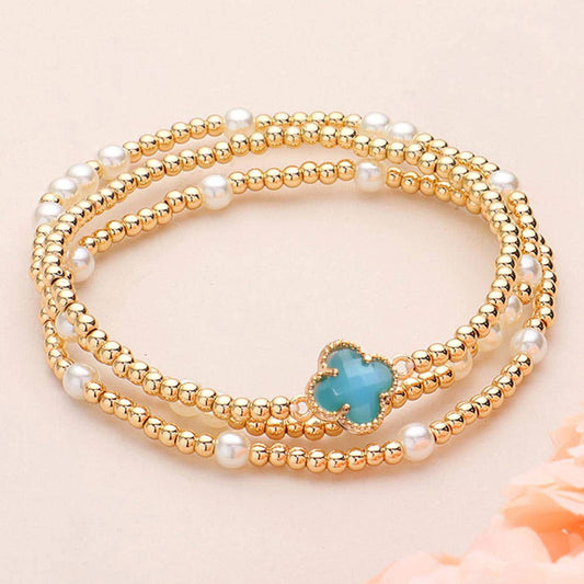 3PCS QUATREFOIL PEARL BEAD STRETCH MULTI LAYERED BRACELETS (MULTIPLE COLORS)