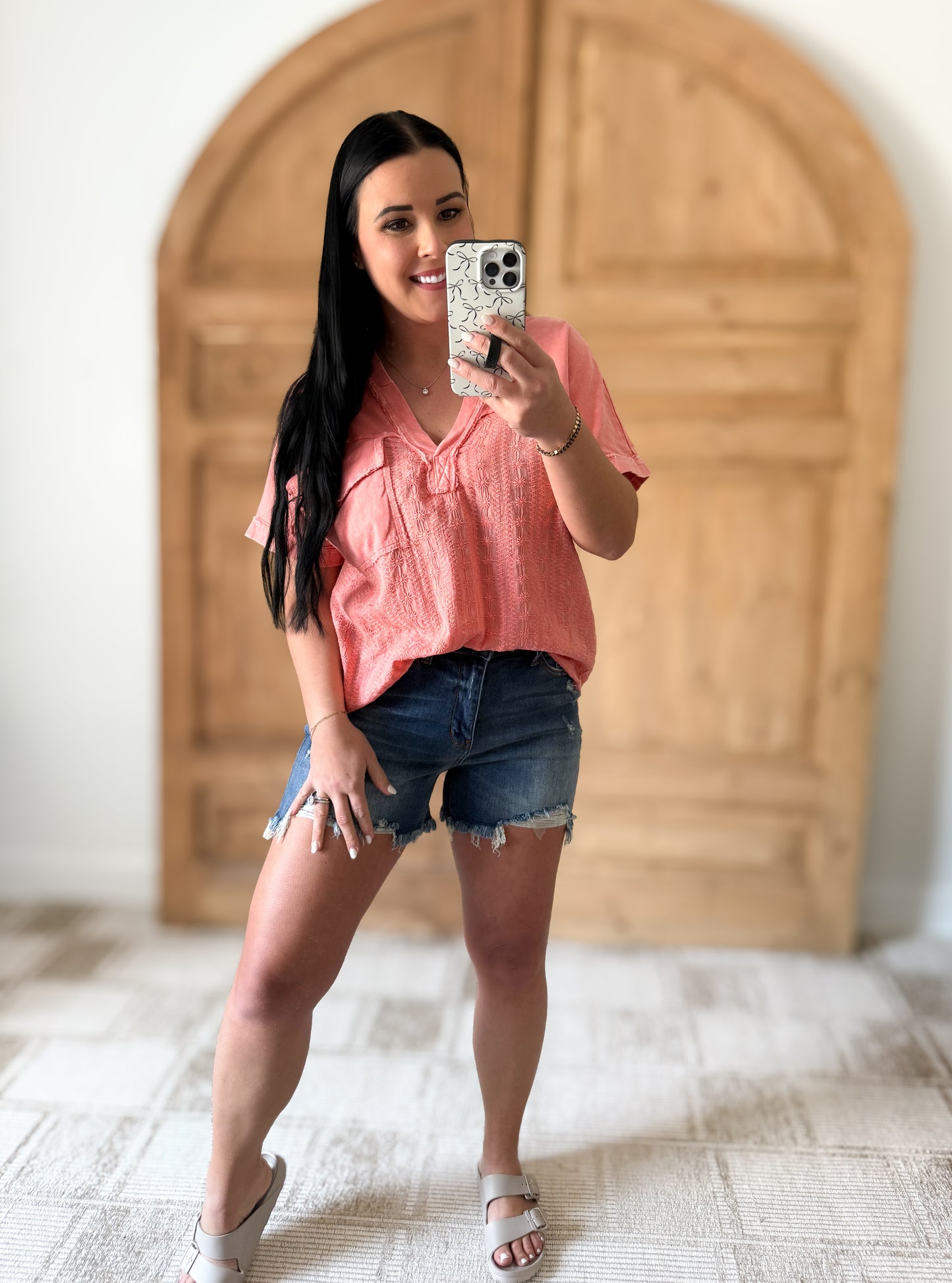 J.HER MINERALWASH BOHO FLORAL EYELET HALFSLEEVE BLOUSE PEACH CORAL