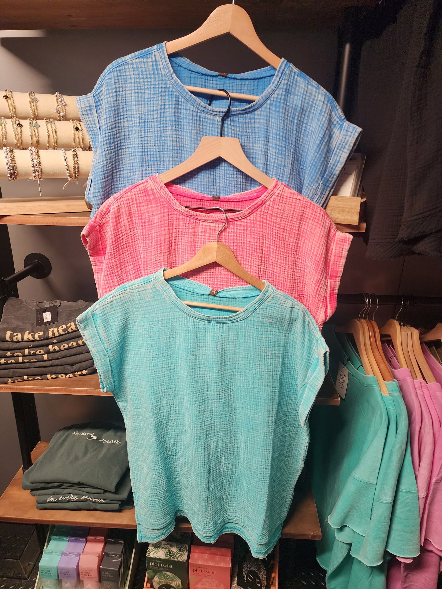 ZENANA WOVEN DOUBLE GAUZE ACID WASH TOP * Multiple Colors