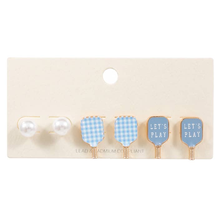 3PAIRS ENAMEL PICKLEBALL PADDLE PEARL STUD SET (MULTIPLE COLORS)