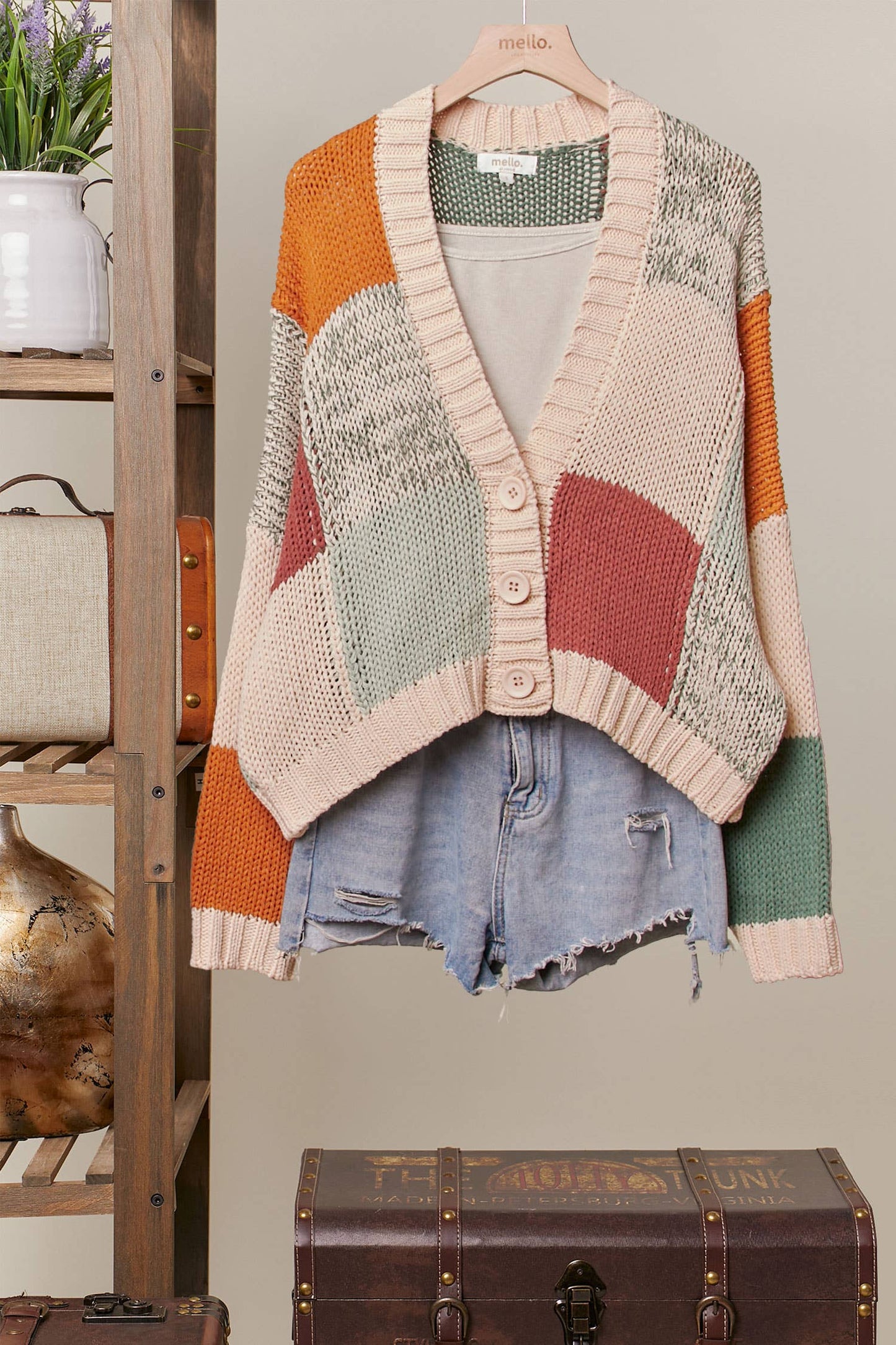 COLOR BLOCK CROCHET V NECK CARDIGAN SWEATER