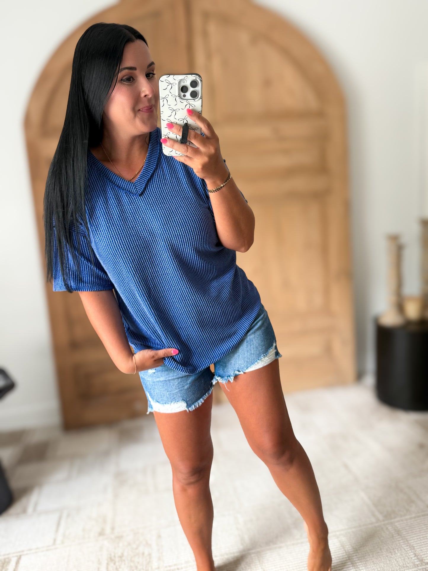 ROYAL BLUE RIBBED V-NECK KNIT TOP