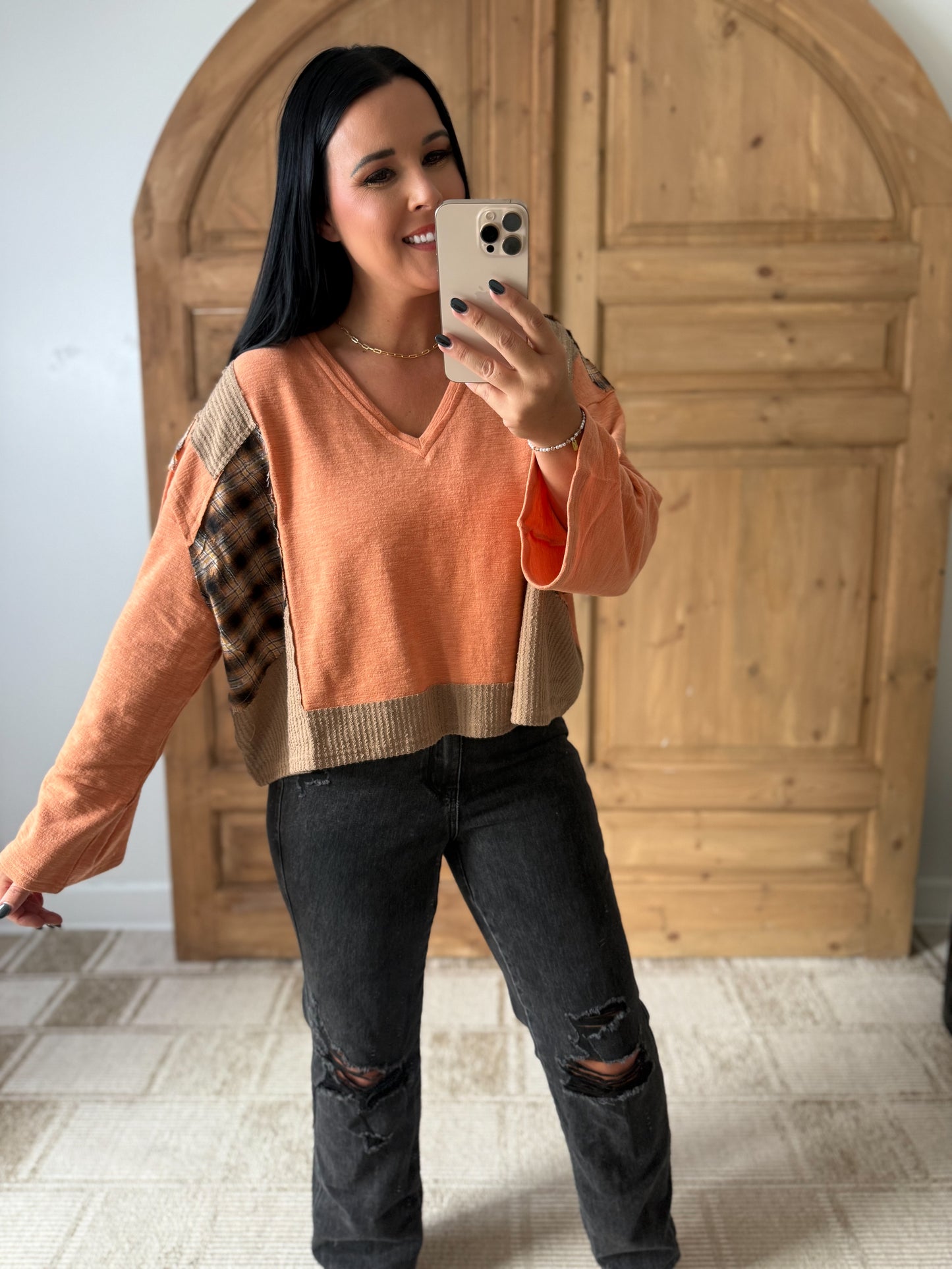 POL V-Neck Long Sleeve Plaid Contrast Top with Texture Knit Detail