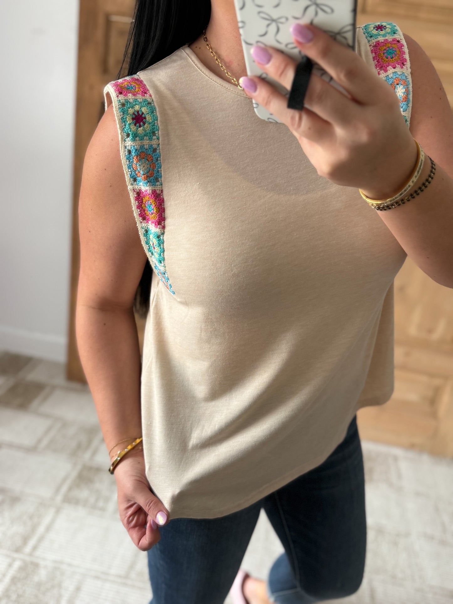 Perfee Crochet Trim Round Neck T-Shirt
