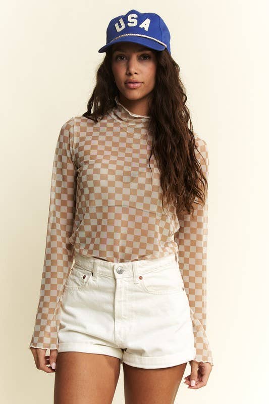CHECKERBOARD PRINT MESH MOCK NECK TOP