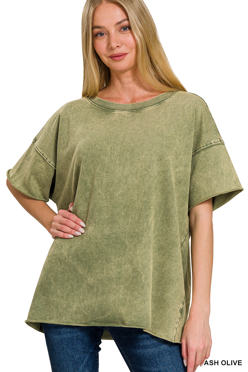 ZENANA FRENCH TERRY DROP SHOULDER RAW EDGE TOP