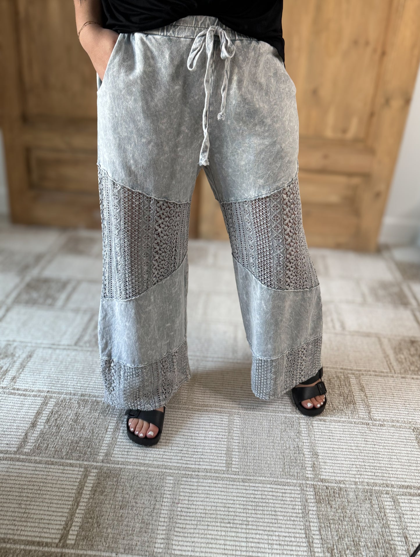 J.HER MINERAL WASHED LACE SEE THROUGH BREEZY PANTS SILVER GREY