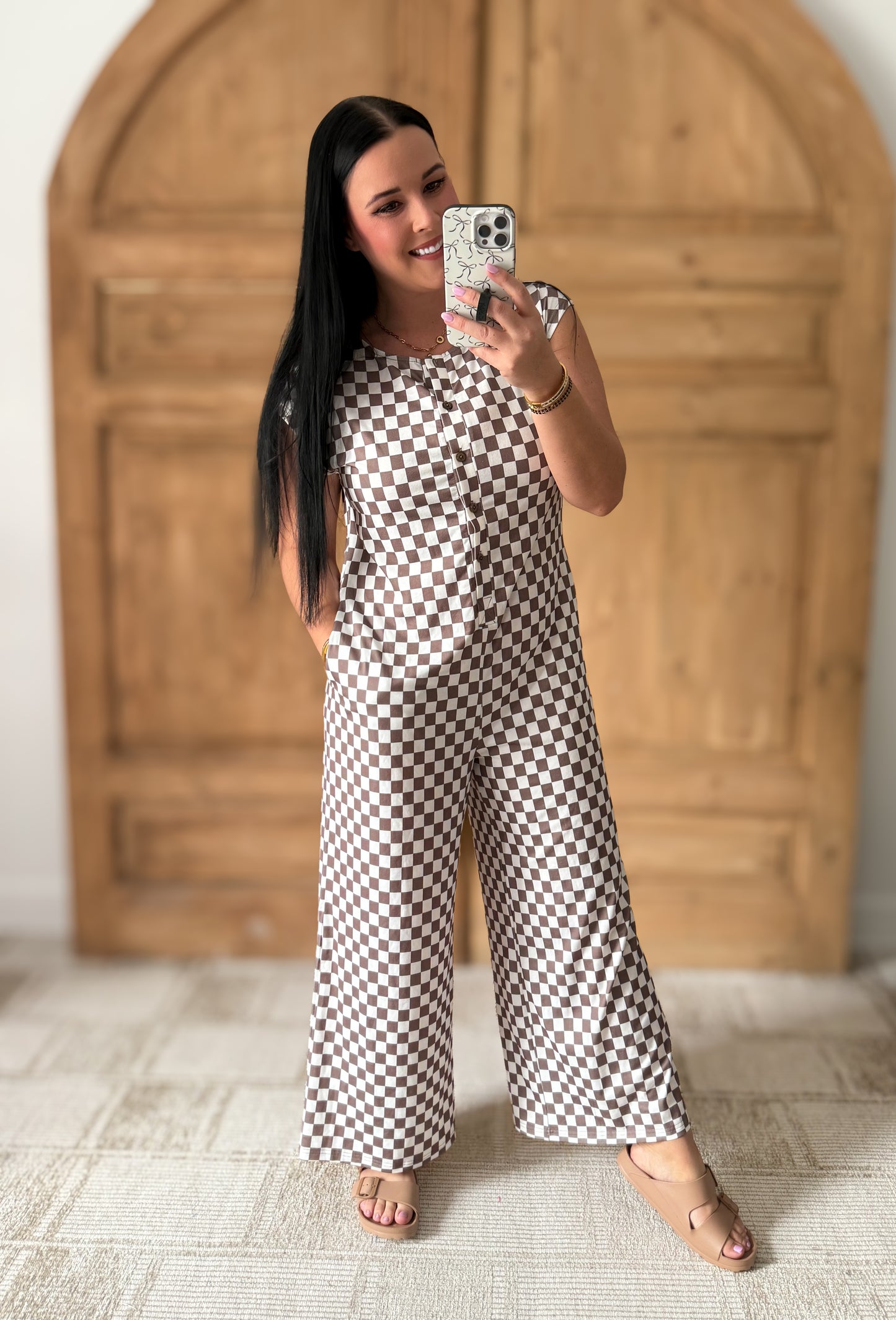 Checkered Print Crew Neck Wide Leg Jumpsuit