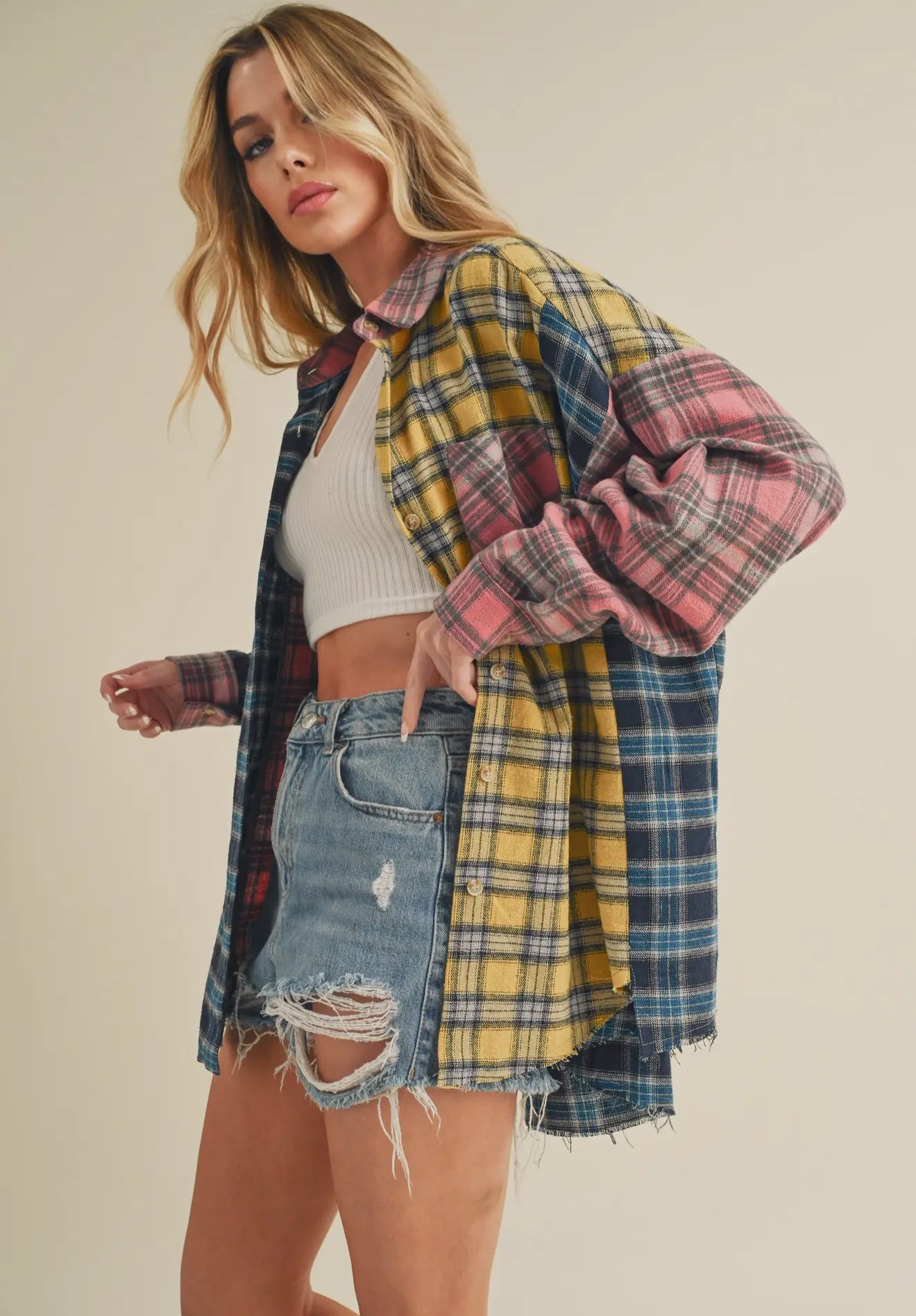 NOT YOUR DADS FLANNEL-Blue/Pink/Yellow