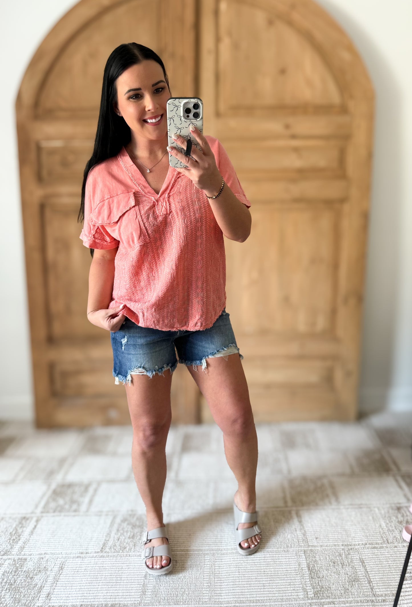J.HER MINERALWASH BOHO FLORAL EYELET HALFSLEEVE BLOUSE PEACH CORAL