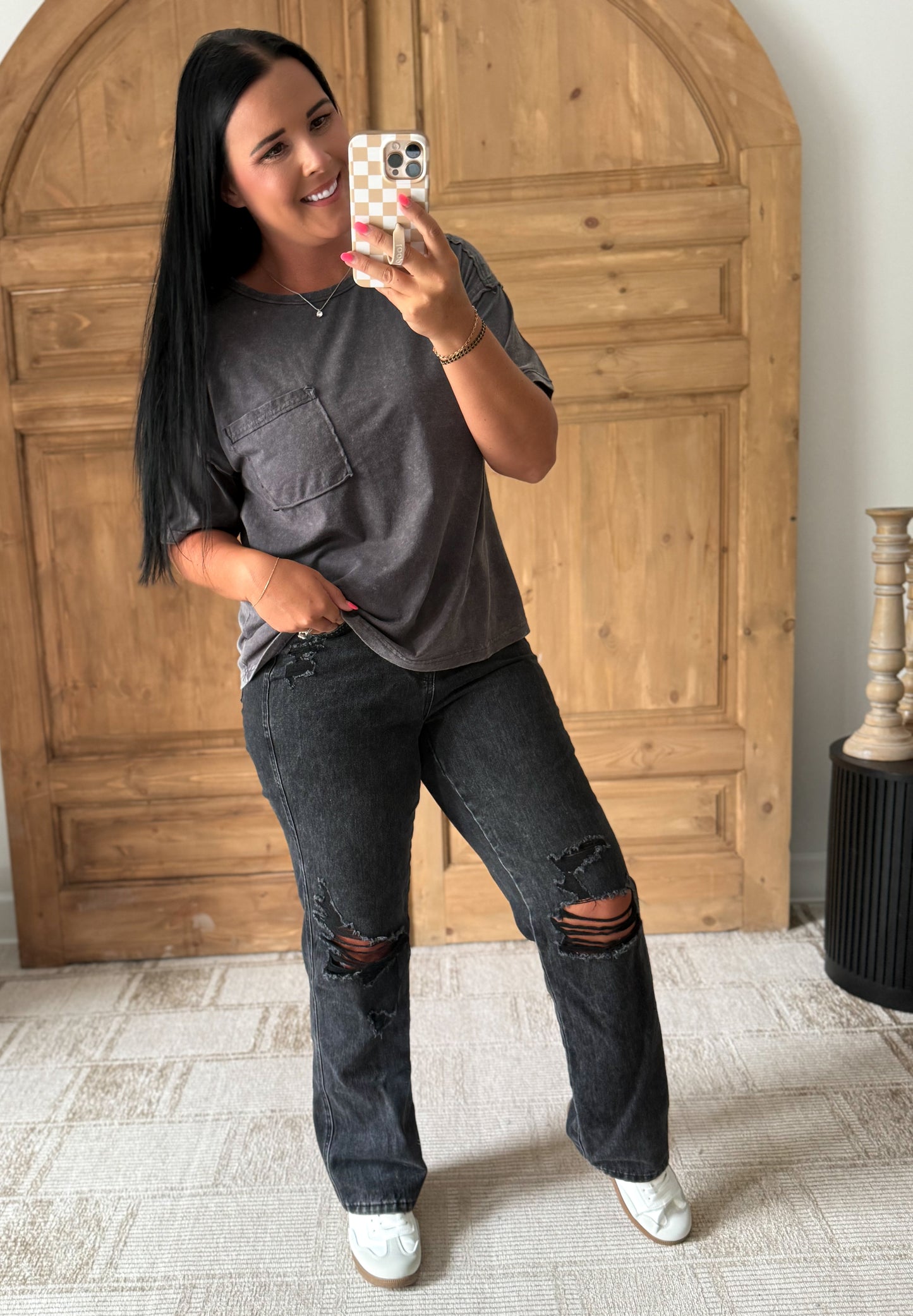 MINERAL WASHED POCKET TOP-Charcoal