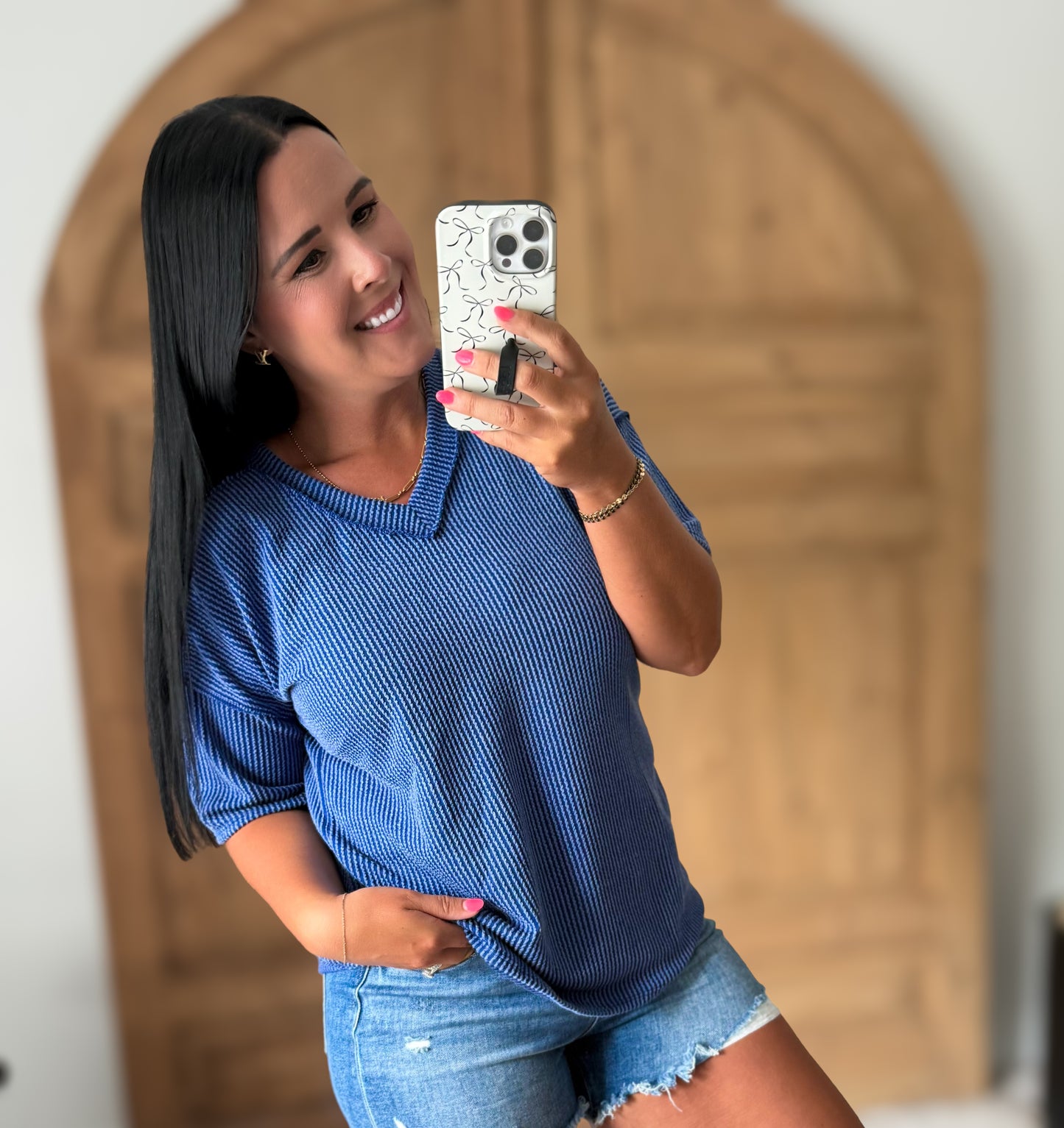 ROYAL BLUE RIBBED V-NECK KNIT TOP