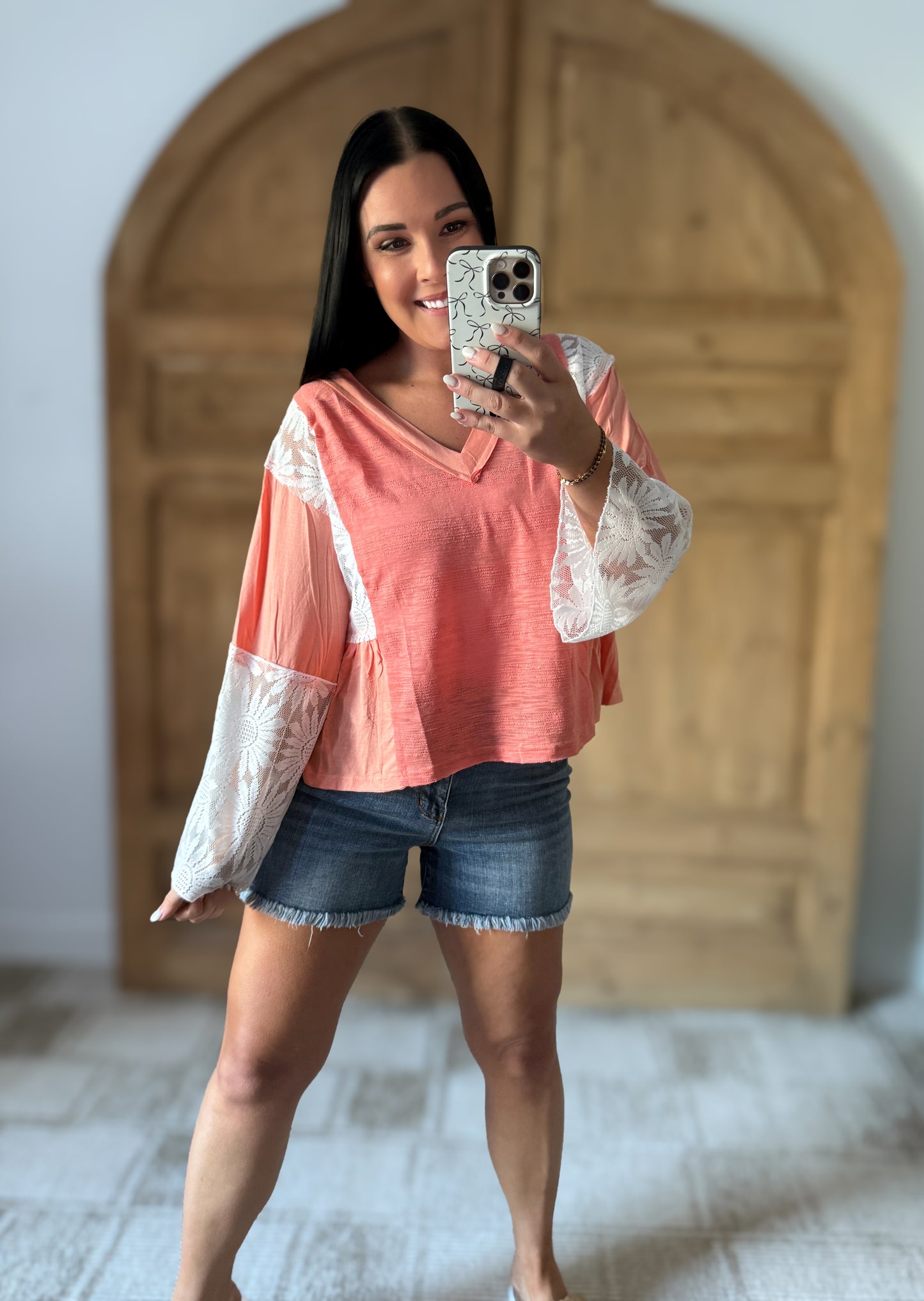 POL Lace Detail V-Neck Flare Sleeve