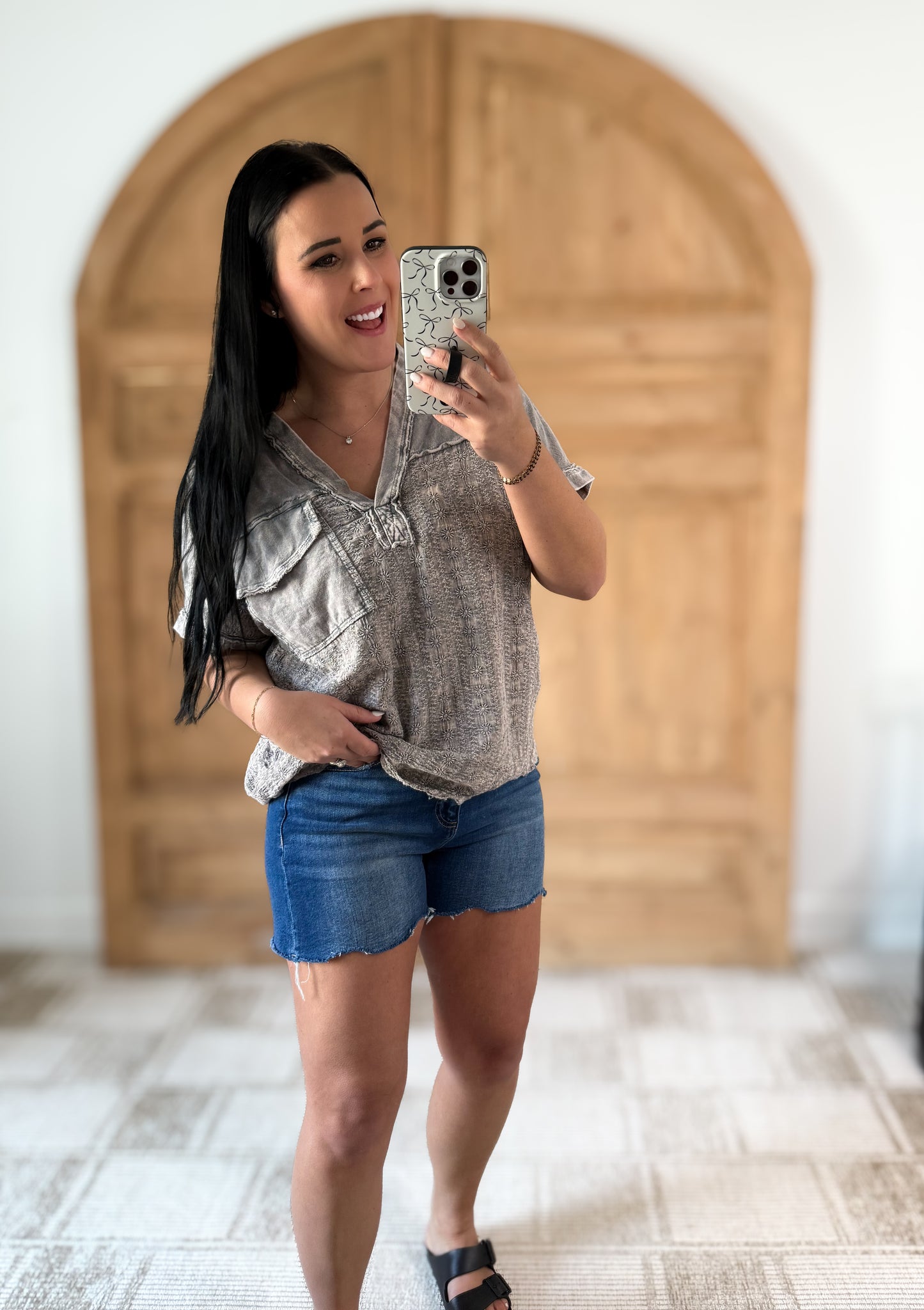 J.HER MINERALWASH BOHO FLORAL EYELET HALFSLEEVE BLOUSE SILVER GREY