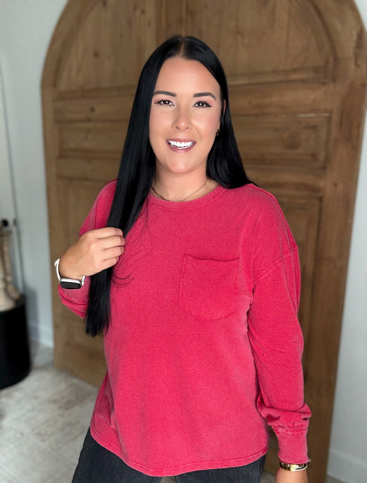 OVERSIZED WASHED POCKET LONG SLEEVE TOP- RED